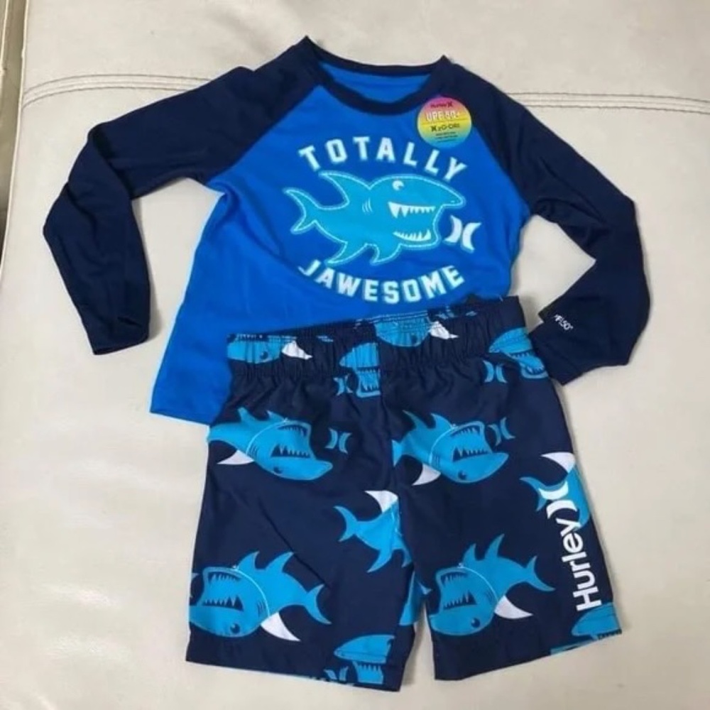 Hurley Shark Cure Swim boy long sleeve top shorts set